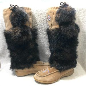 SANTANA CANADA Suede Embroidered Moccasin Tall Fur Boots 7 M ~ EUC